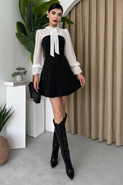 WOMAN VISION Schwarzes Tüll-Minikleid für Damen mit elegantem Kragen und Sati...