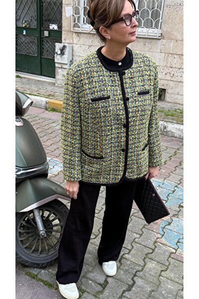 Retrokare Yeşil-Siyah Yün Tüvit Oversize Blazer Ceket