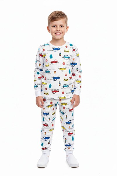 NEWKİDS Car Patterned Colorful Transitional Boys' Cotton Pajama Set