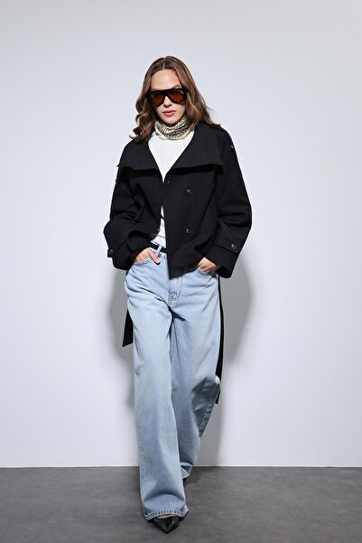 Antioch Black Mock Neck Double-Breasted Trench Coat