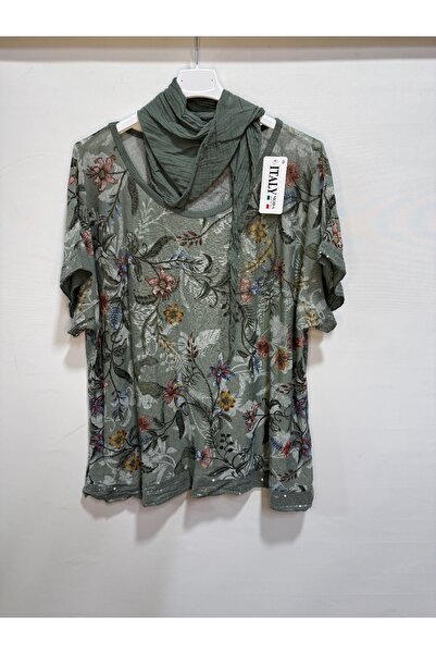 della moor Italian Khaki Floral Patterned Short Sleeve O Oversized Blouse with Scarf