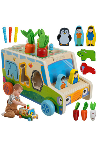 zola Interactive bus toy, wooden, for multiple activities, 24.5 x 13 x 15 cm, multi-colored