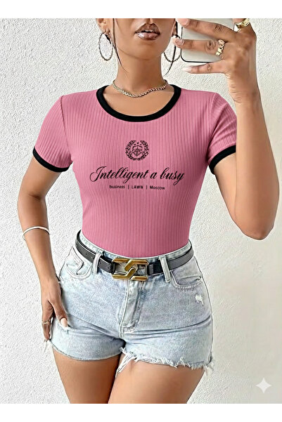 MaxiMor Women's Powder Color Crew Neck Basic Slim Fit Short Sleeve Body Full Stretch Fabric Full Fit Length 55 cm