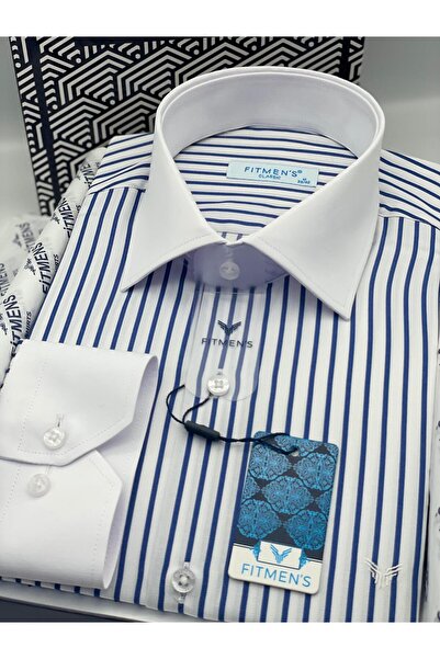 Fitmens Classic Long Sleeve Pocketless Collar Cuff White Men's Shirt with Gift Box Fs-004325 - White Cobalt Blue