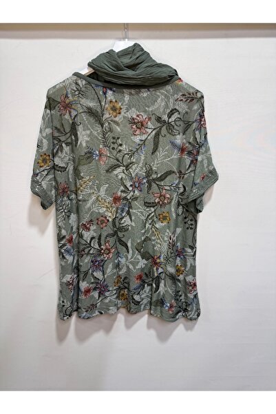 della moor Italian Khaki Floral Patterned Short Sleeve O Oversized Blouse with Scarf