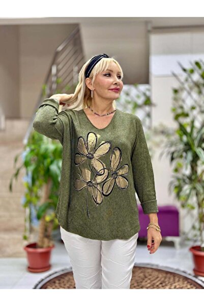 Punta Otantik Yg8022 Floral Patterned Stone Italian Knitwear Blouse Green