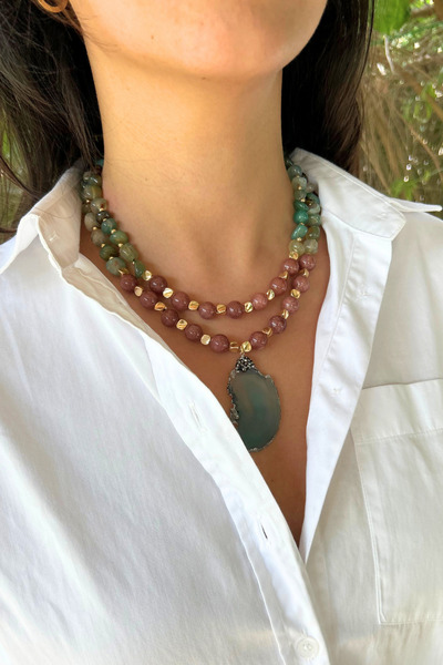 Suerte Accessories Handmade Star Stone and Jade Natural Stone Special Design Jade Natural Stone Pendant Women's Double Necklace