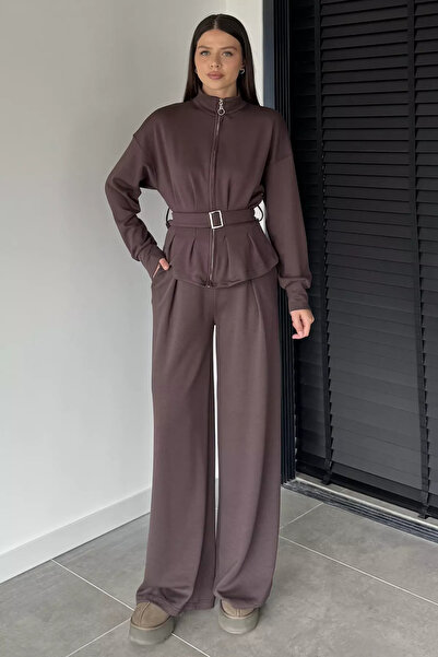 ZehraGül Set din două piese pentru femei, maro, cu jachetă și pantaloni cu ta...