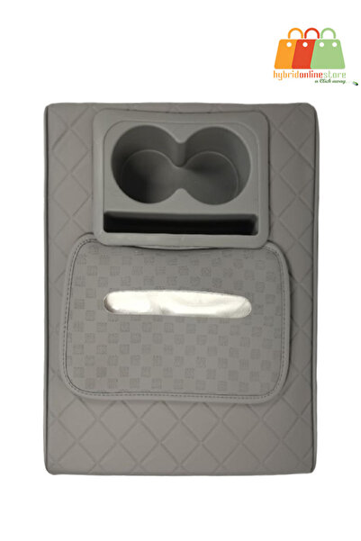 Generic غطاء مسند ذراع سيارة فاخر من الجلد الصناعي مع حامل أكواب، مقاوم للماء والخدش، رمادي