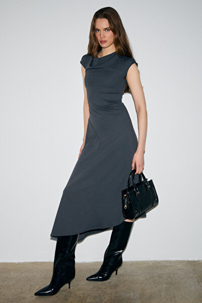 GRIMELANGE Solienne Women's Degaje Collar Off Shoulder Short Sleeve Waist Fitted Asymmetrical Hem Detailed Gray Dress