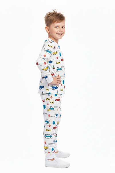 NEWKİDS Car Patterned Colorful Transitional Boys' Cotton Pajama Set