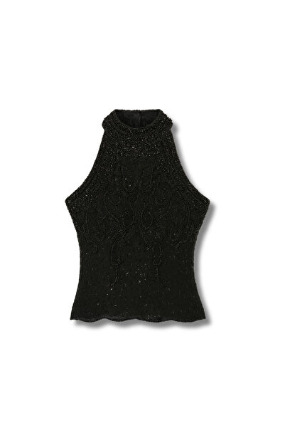 Seher Ayral Siyah Işık – Boncuk İşlemeli Yüksek Yaka Bluz