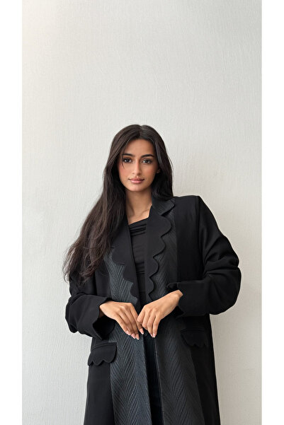 AYA - MW1725 - Black blazer abayas with added pockets and jacquard insert