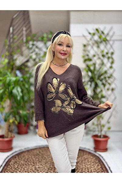 Punta Otantik Yg8022 Floral Patterned Stone Italian Knitwear Blouse Brown