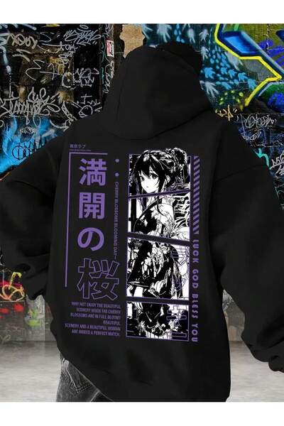 ZEMLİYA Hanorac cu glugă cu imprimeu grafic anime – Negru, cu model cu flori ...