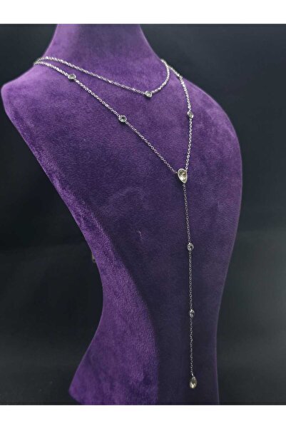 sarıyer silver Damla Model Zircon Stone Embroidered Water Drop Dangle Steel Necklace