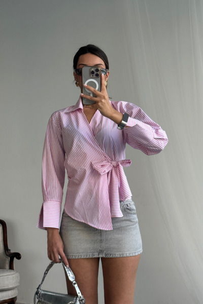 Wear Up Striped Poplin Double Breasted Tie Shirt - Pink