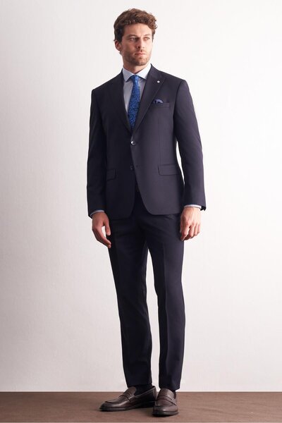 İmza Dark Navy Swallow Collar Self Patterned Flexible Waist Slim Fit 6 Drop S...