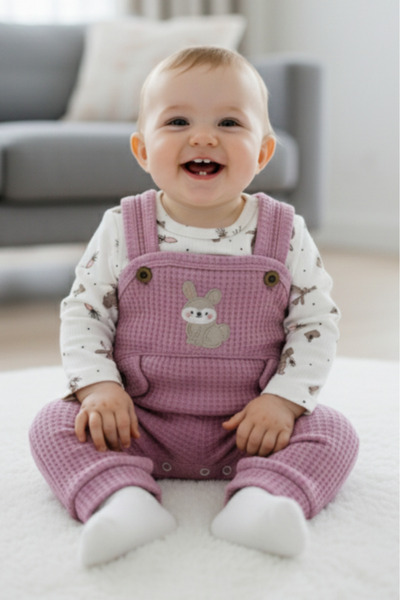 EYMİRGİYİM Cotton Rabbit Motif Waffle Fabric Baby Girl Children's 3-Piece Jumpsuit 3 Months, 6 Months, 9 Months