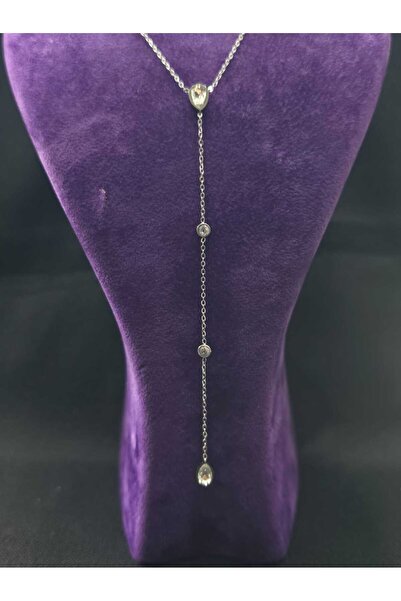 sarıyer silver Damla Model Zircon Stone Embroidered Water Drop Dangle Steel Necklace