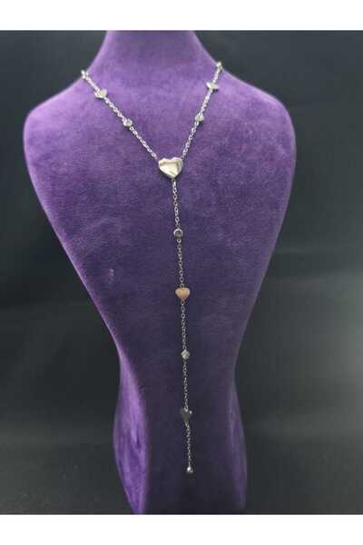 sarıyer silver قلادة طويلة من الفولاذ على شكل قلب مرصعة بأحجار الزركون