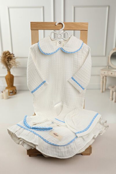 Tly Home Textiles 4’lü Müslin Hastane Çıkışı Seti Mavi Puantiyeli – %100 Pamu...