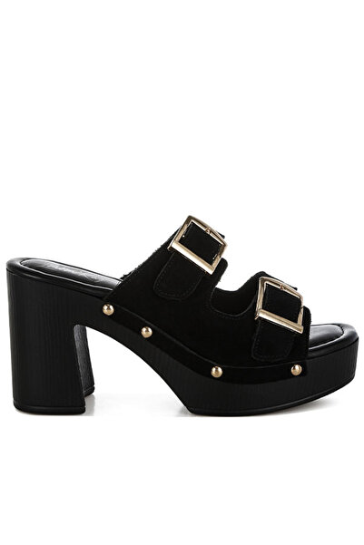 london Rag Women Studded Dual Buckle Platform Clogs in Black
