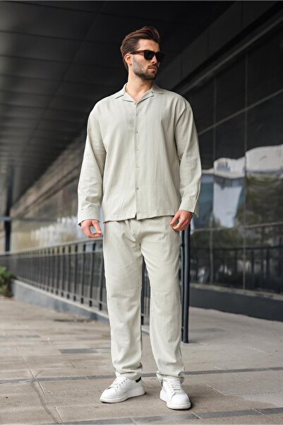 Madmext Painted Gray Buttoned Basic Men's Shirt Pants Set E7335