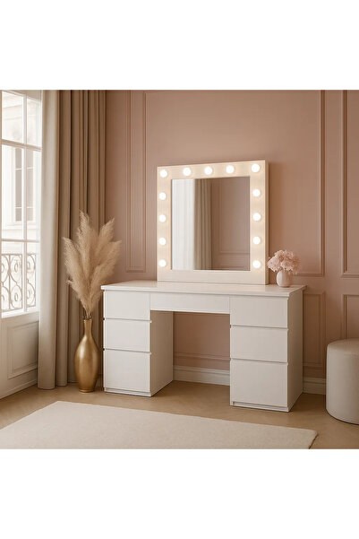Selgot Makeup/Dressing Table with 7 Drawers and LED Mirror, White, 132 x 43 x 152 cm