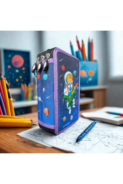 KEYROAD Penar 3 fermoare, 52 piese, textil echipat 21 X 13, Albastru Planete Astronaut