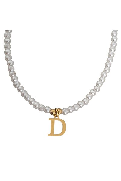 Pursehuit Colier auriu cu perle și pandantiv cu litera D C2