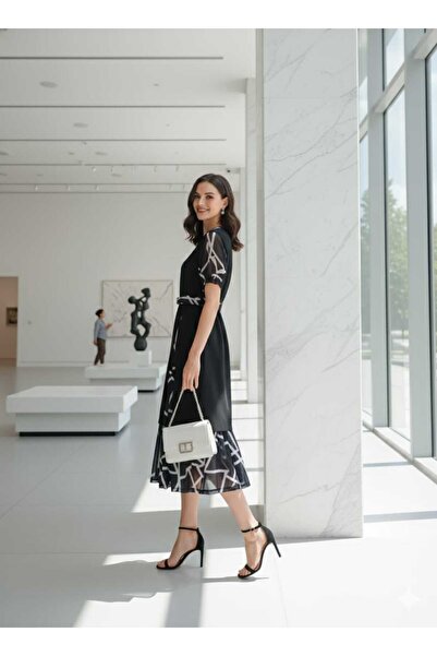 JustFab Elegant Black Geometric Midi Dress with Sheer Sleeves