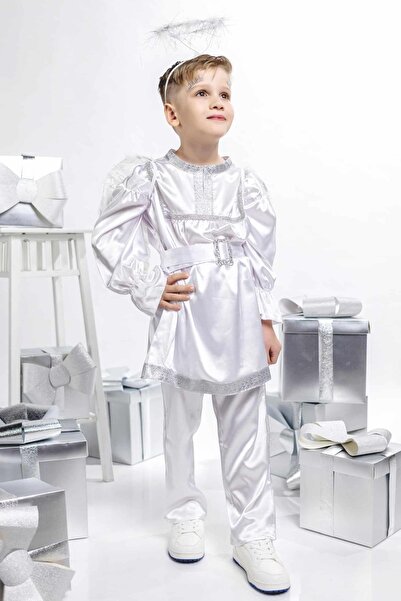 Andreeatex Costum de Serbare Îngeraș pentru băieței, 4 piese, din satin alb, cu aripi și coroniță incluse