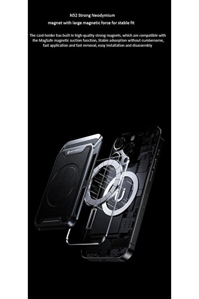 Generic Magnetic Aluminum Card Wallet Slim Leather Card Holder for iPhone 12-16 Series (Golden + Black)