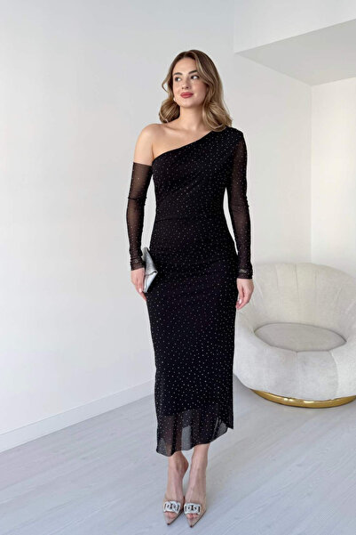 MARTYZ Tek Omuz Kayık Yaka Taşlı Drapeli Uzun Tül Elbise