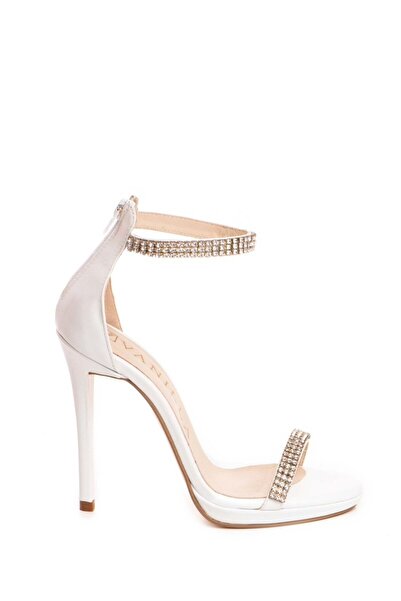 Vanilla Days White Genuine Leather Stiletto Sandals with Crystals, 12 cm Heel