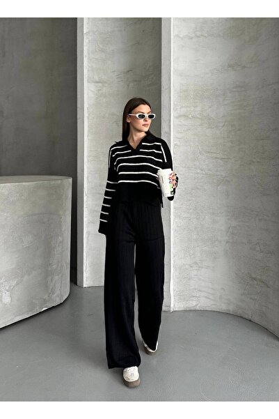 LE CARAMBOLE Women's Black Polo Neck Striped Sweater Pants Knitwear Set