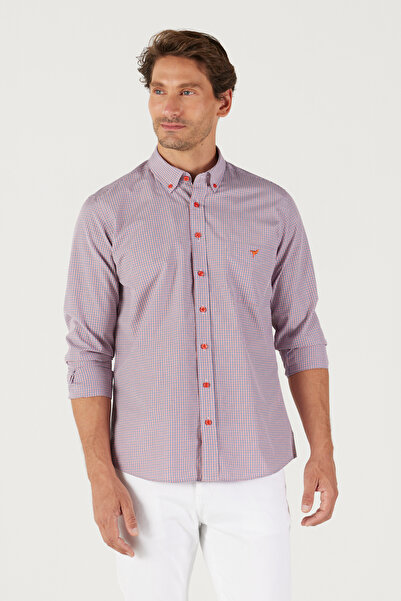 AC&Co / Altınyıldız Classics Navy Blue-Red Slim Fit Slim Fit Buttoned Collar Logo Cotton Pocket Striped Shirt