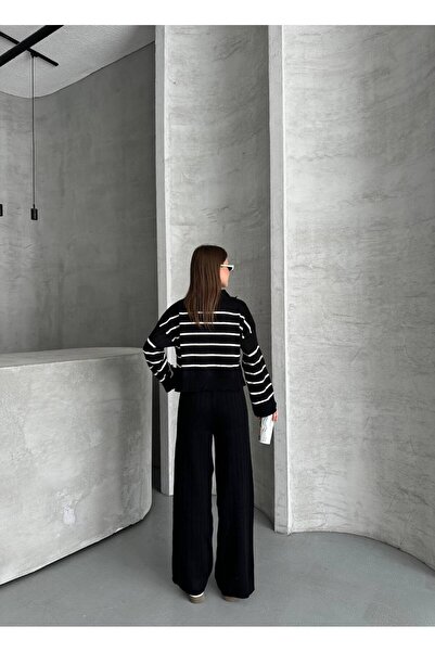 LE CARAMBOLE Women's Black Polo Neck Striped Sweater Pants Knitwear Set