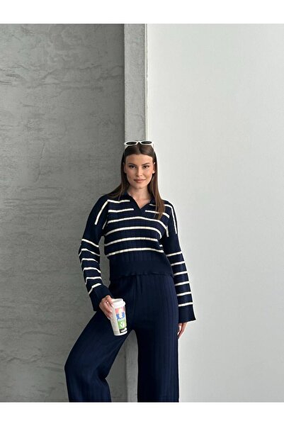 MODAMERSİ Women's Navy Blue Polo Neck Striped Sweater Pants Knitwear Set