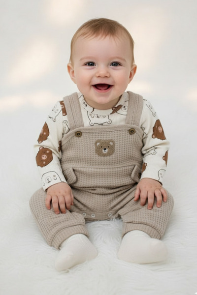 EYMİRGİYİM Cotton Teddy Bear Motif Waffle Fabric Baby Boy 3-Piece Romper 3 Months, 6 Months, 9 Months