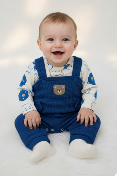 EYMİRGİYİM Cotton Teddy Bear Motif Waffle Fabric Baby Boy 3-Piece Romper 3 Months, 6 Months, 9 Months