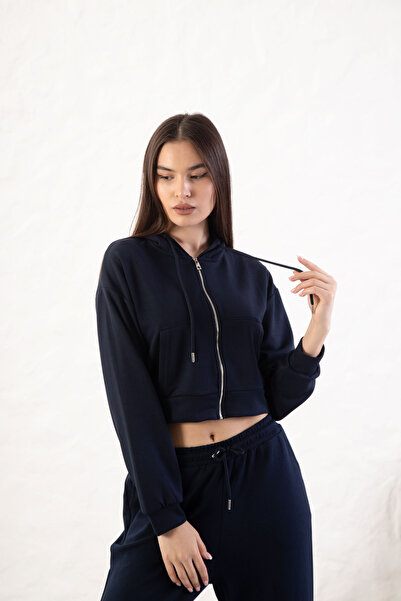 YusGos Women's Long Sleeve Zippered Modal Fabric Pocketed Hooded Crop