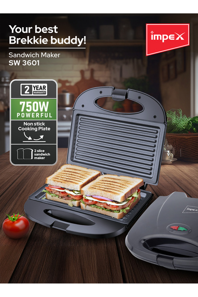 İMPEX Sandwich Maker 2 Slice SW 3601 | 750W | Non-Stick Plates | Cool Touch Handle |Indicator Lights
