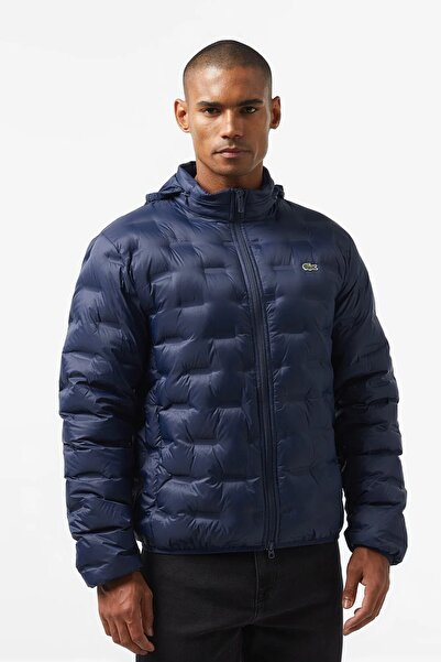 Lacoste Modern Quilted down Fill Jacket Goose down Filling Hidden Hooded Navy Blue Coat