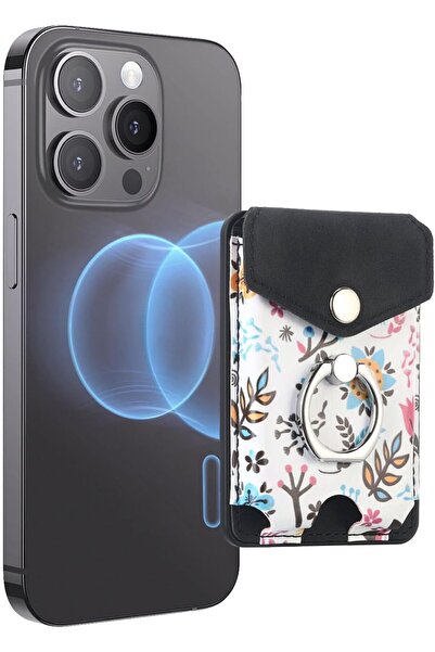 AZONEE Magnetic Card Wallet Holder, Floral Black, 5 Card Slots, MagSafe Compatible, Kickstand