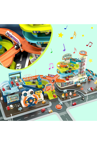 RCO 2 in 1 Set, Interactive Parking with Automatic Lift, Spiral Tracks and 6 Mini Cars, Lights and Sounds