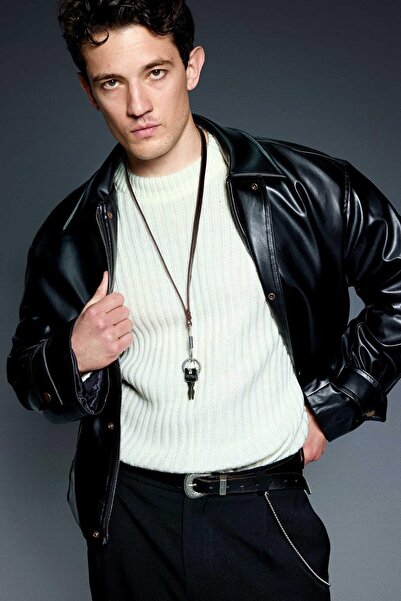 ablukaonline Men's relax fit contrast collar leather jacket black