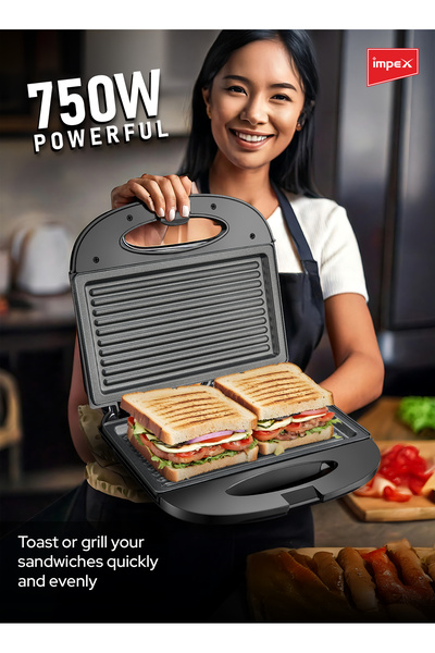 İMPEX Sandwich Maker 2 Slice SW 3601 | 750W | Non-Stick Plates | Cool Touch Handle |Indicator Lights