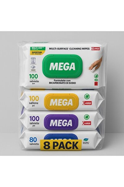 MeagaLife Set cadou de 8 șervețele umede multi-suprafețe cu bicarbonat de sodiu și oțet, MEGA